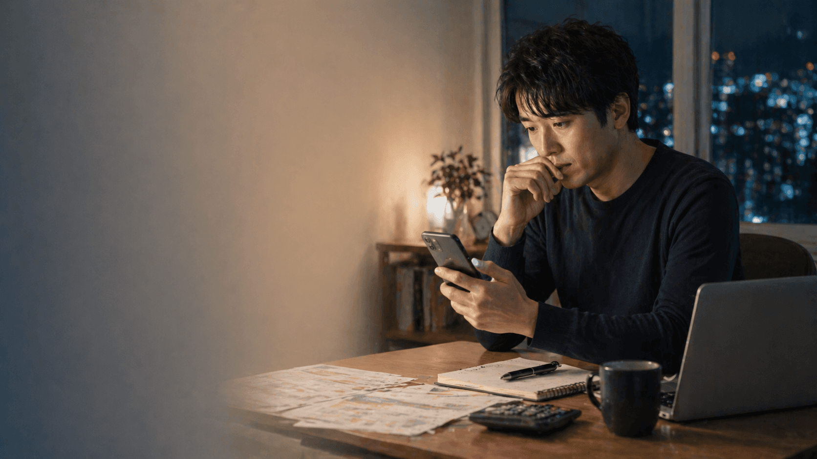 夜の部屋でスマホを見る男性