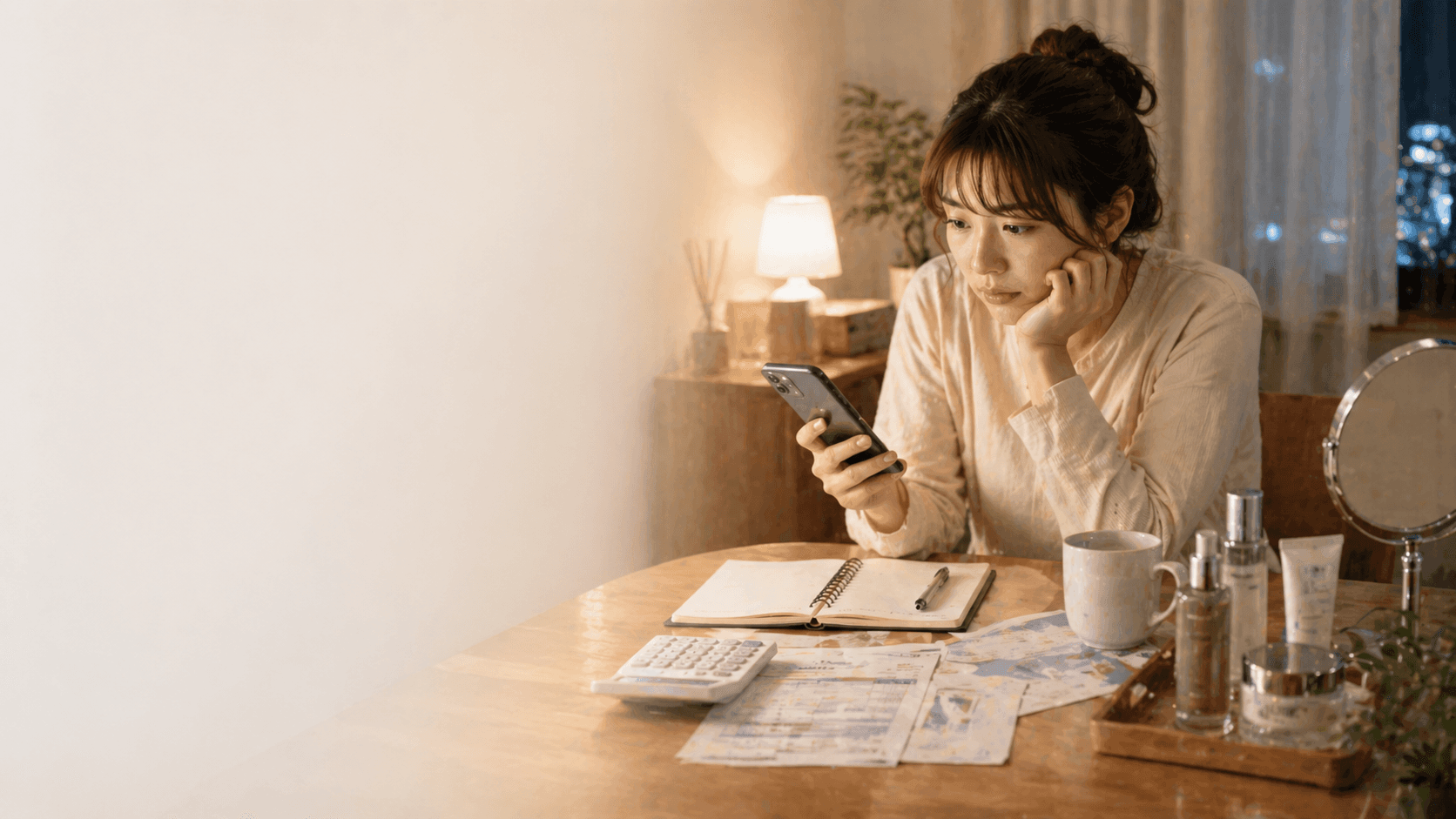 夜の部屋でスマホを見る女性